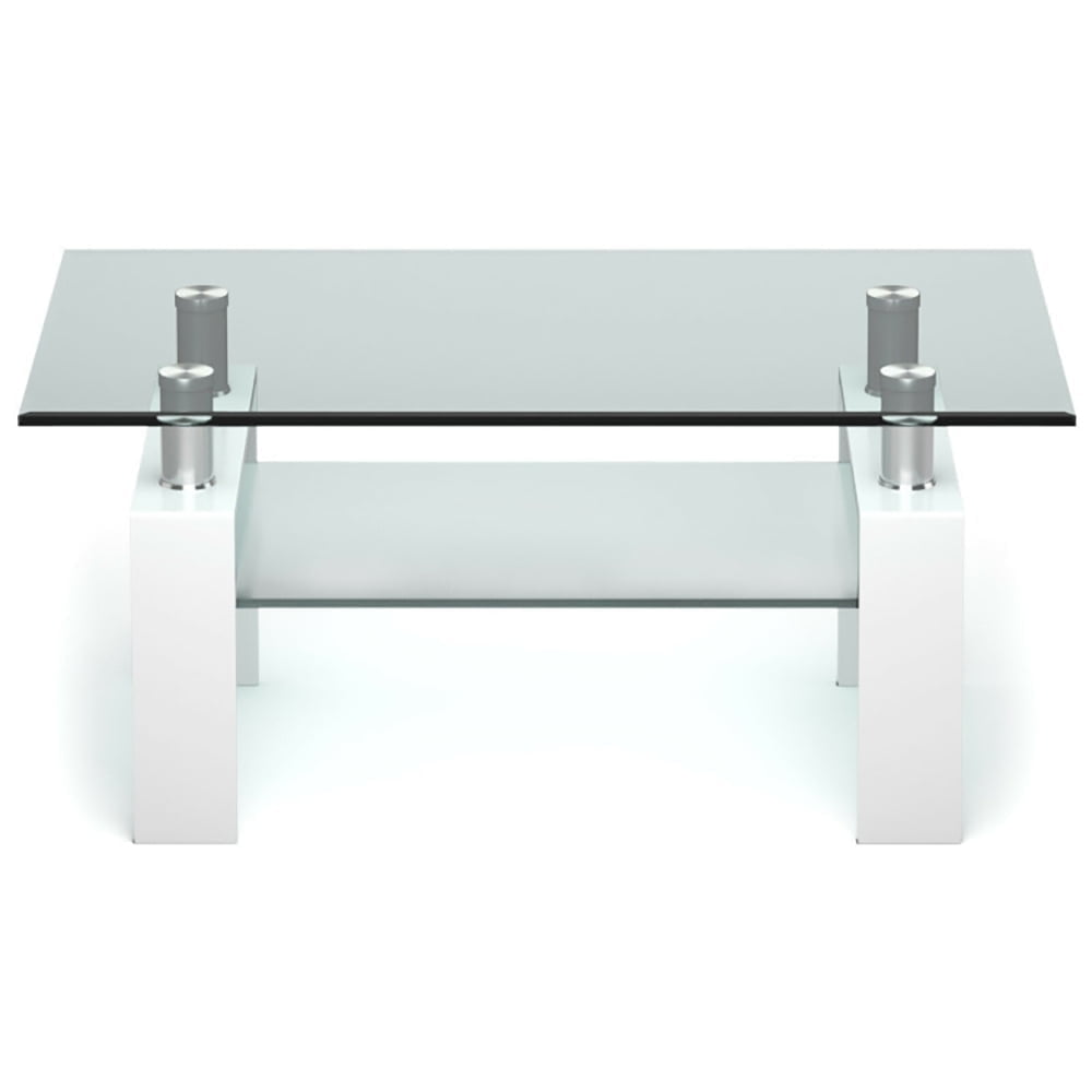 Demi Bonn Glass Coffee Table, Rectangular Coffee Table, Rectangle Glass Coffee Table with Metal Legs, for Living Room, Reception Room, White