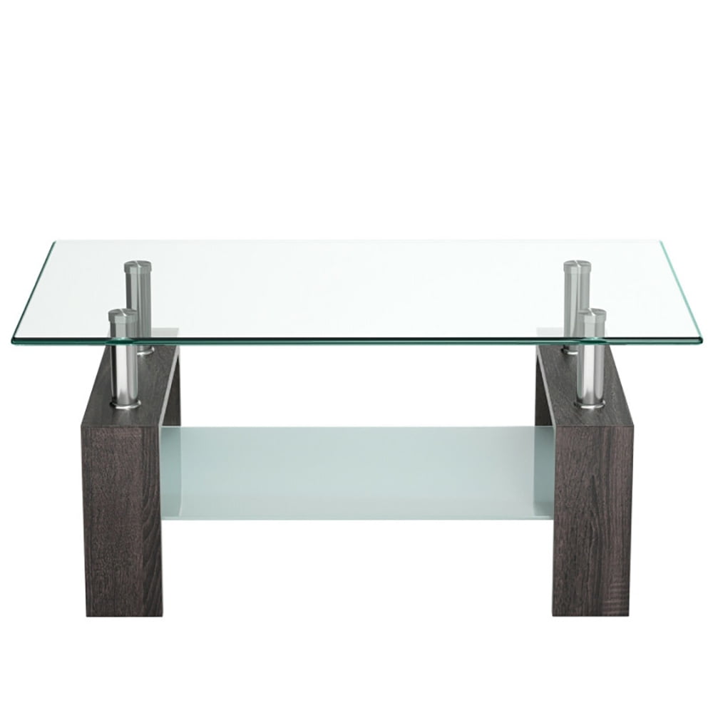 Finihen Glass Coffee Table, Rectangular Coffee Table, Rectangular Tempered Glass Coffee Table with Shelf, for Living Room, Reception Room, Black