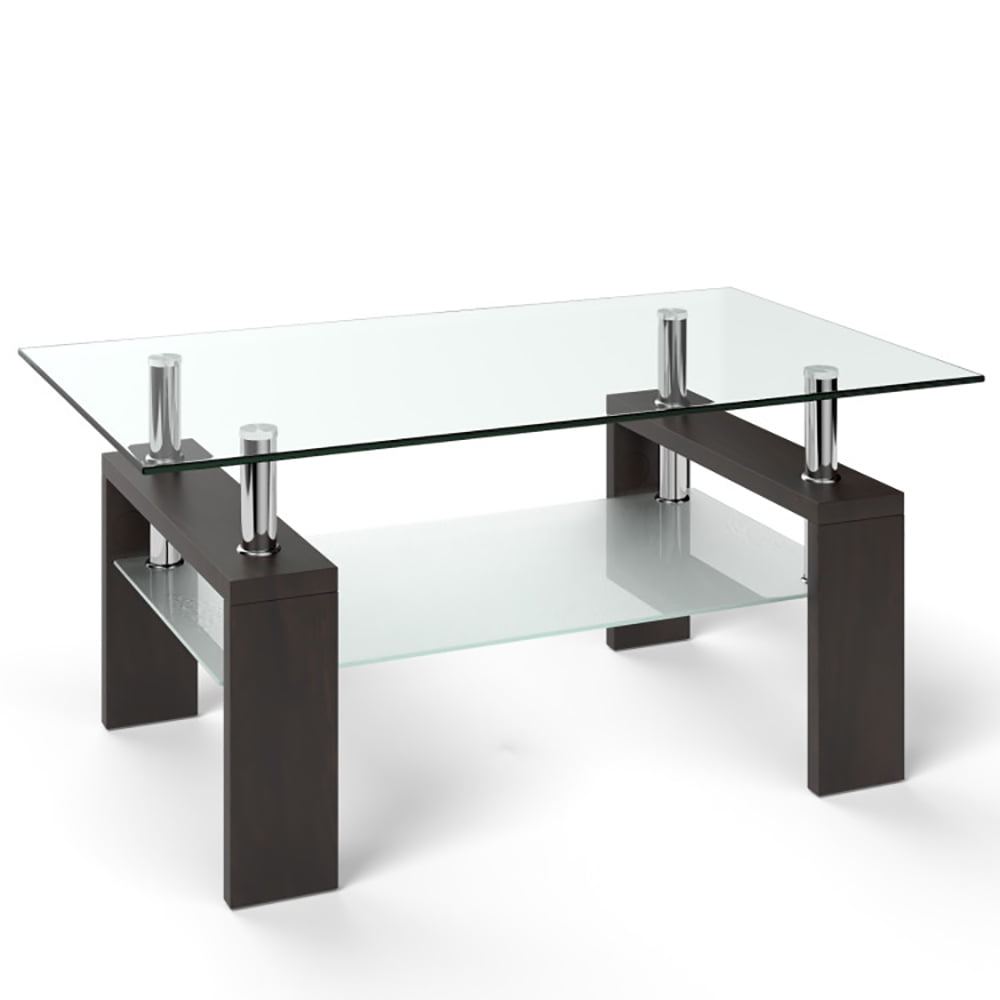 Finihen Glass Coffee Table, Rectangular Coffee Table, Rectangular Tempered Glass Coffee Table with Shelf, for Living Room, Reception Room, Brown Finihen Glass Coffee Table, Rectangular Coffee Table, Rectangular Tempered Glass Coffee Table with Shelf, for Living Room, Reception Room, Brown