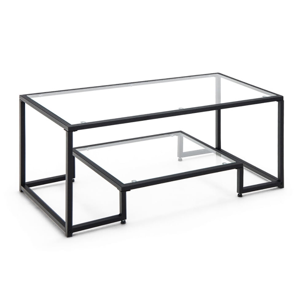 Finihen Glass Coffee Table, Rectangular Coffee Table, Modern 2-Tier Rectangular Coffee Table with Glass Table Top, for Living Room, Reception Room, Black Finihen Glass Coffee Table, Rectangular Coffee Table, Modern 2-Tier Rectangular Coffee Table with Glass Table Top, for Living Room, Reception Room, Black