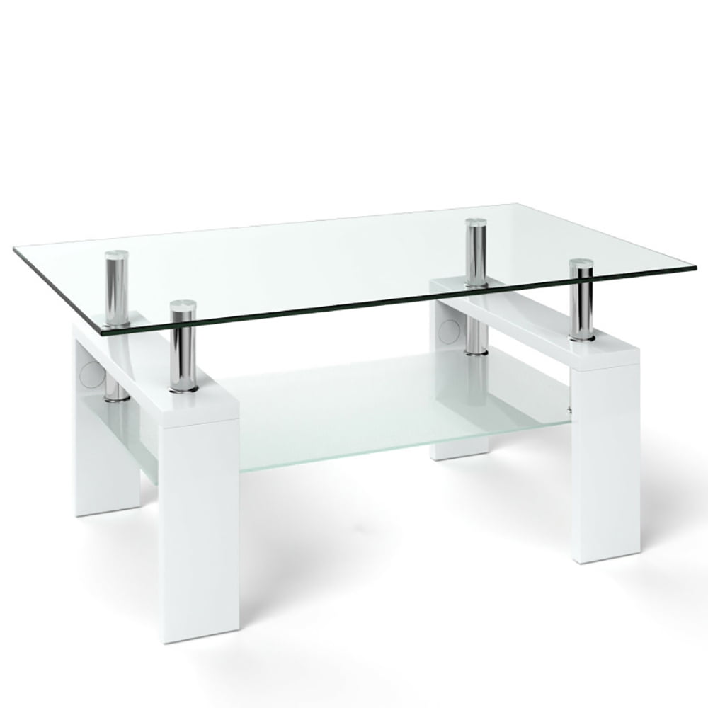 Finihen Glass Coffee Table, Rectangular Coffee Table, Rectangular Tempered Glass Coffee Table End Side Table with Shelf, for Living Room, Reception Room, White