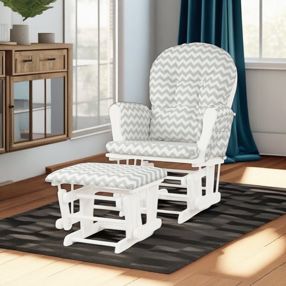 Demi Bonn Glider and Ottoman Set, Wood Rocking Chair with Cushioned Armrests Detachable Cushion, Upholstered Glider with Nursing Ottoman, for Napping, Reading, Gray and White