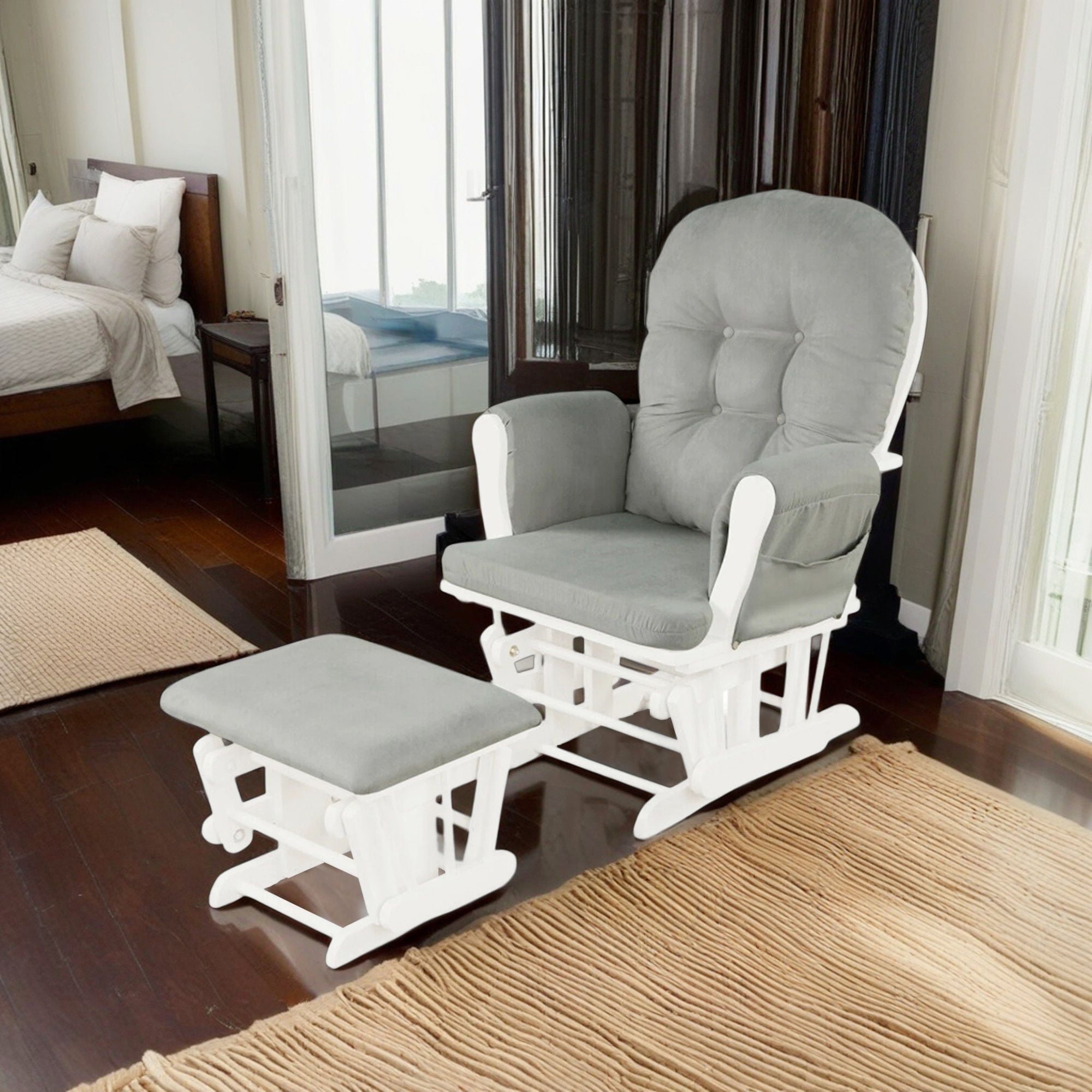 Demi Bonn Glider and Ottoman Set, Wood Rocking Chair with Cushioned Armrests Detachable Cushion, Upholstered Glider with Nursing Ottoman, for Napping, Reading, Light Gray