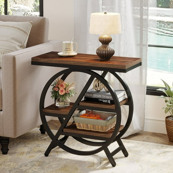 Demi Bonn Half-Round End Table, 3-Tier Narrow Side Table with Metal Frame for Hallway, Entrance, Living Room, Bedroom, Brown