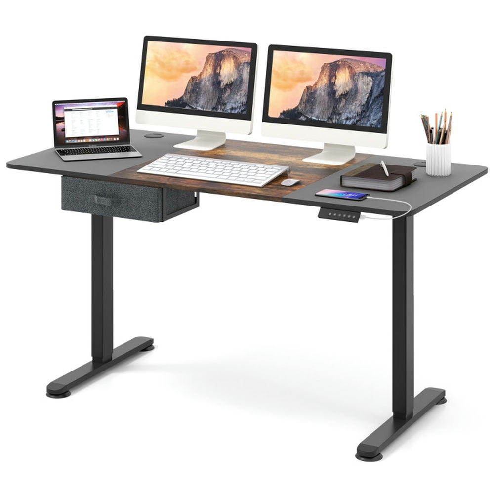 Finihen Height Adjustable Electric Standing Desk with USB Charging Port, Small Home Office Desk Study Writing Table, Brown Finihen Height Adjustable Electric Standing Desk with USB Charging Port, Small Home Office Desk Study Writing Table, Brown