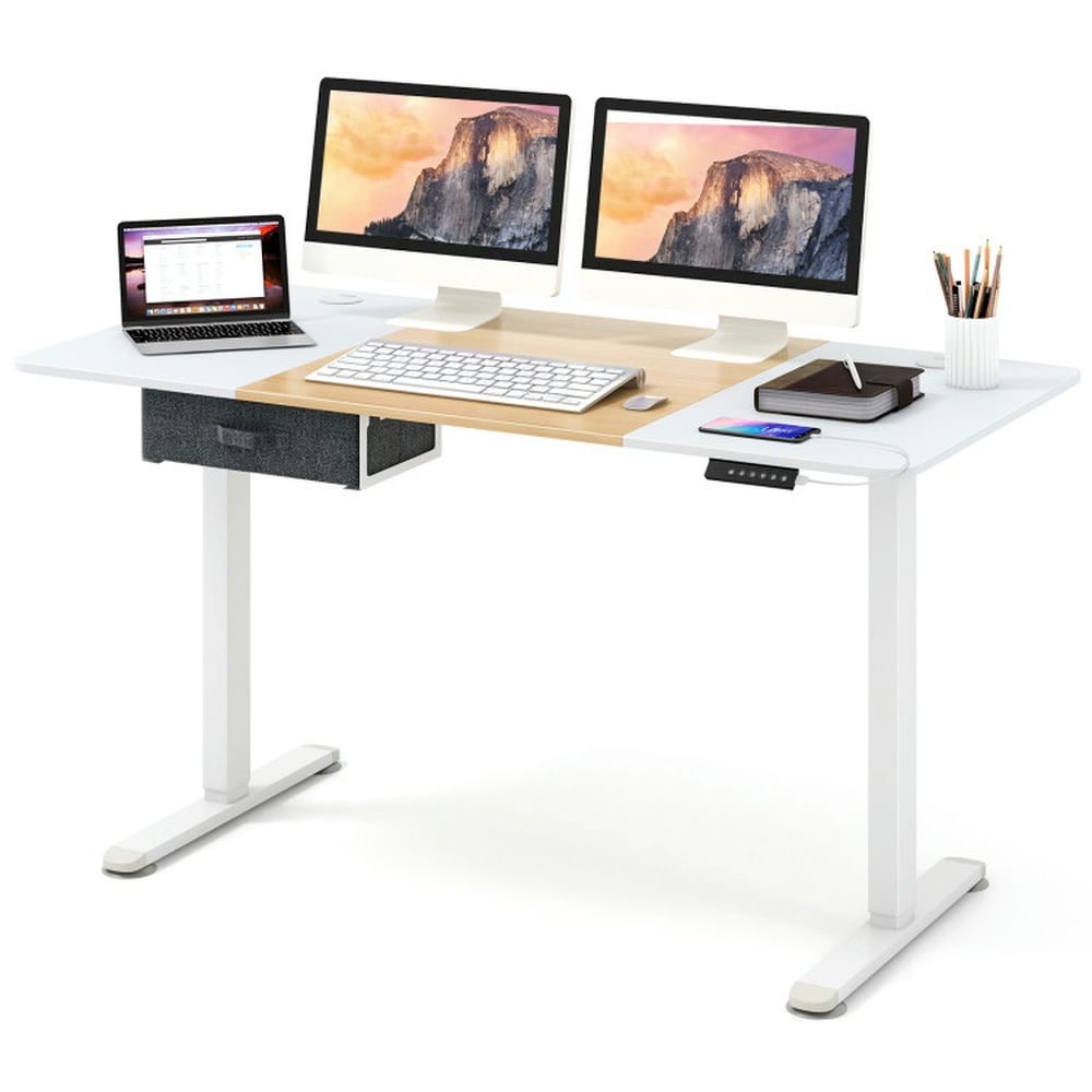 Finihen Height Adjustable Electric Standing Desk with USB Charging Port, Small Home Office Desk Study Writing Table, Natural