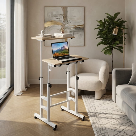 Demi Bonn Height Adjustable Mobile Standing Desk with Rolling Wheels for Office and Home, Laptop Workstation for Laptops, Books, Tablets, and Art, Beige