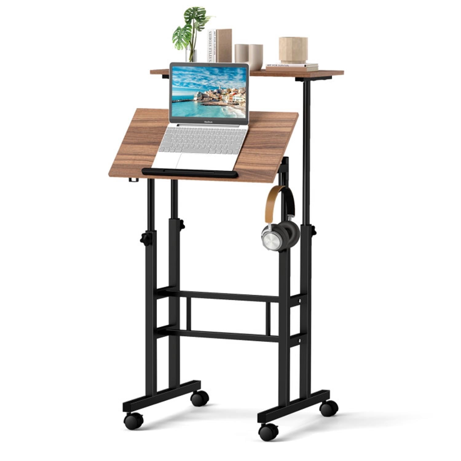 Demi Bonn Height Adjustable Mobile Standing Desk with Rolling Wheels for Office and Home, Laptop Workstation for Laptops, Books, Tablets, and Art, Brown
