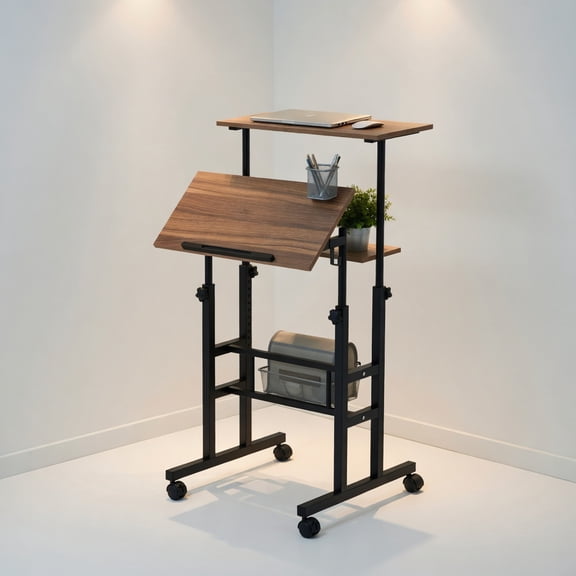 Demi Bonn Height Adjustable Mobile Standing Desk with Rolling Wheels for Office and Home, Laptop Workstation for Laptops, Books, Tablets, and Art, Brown