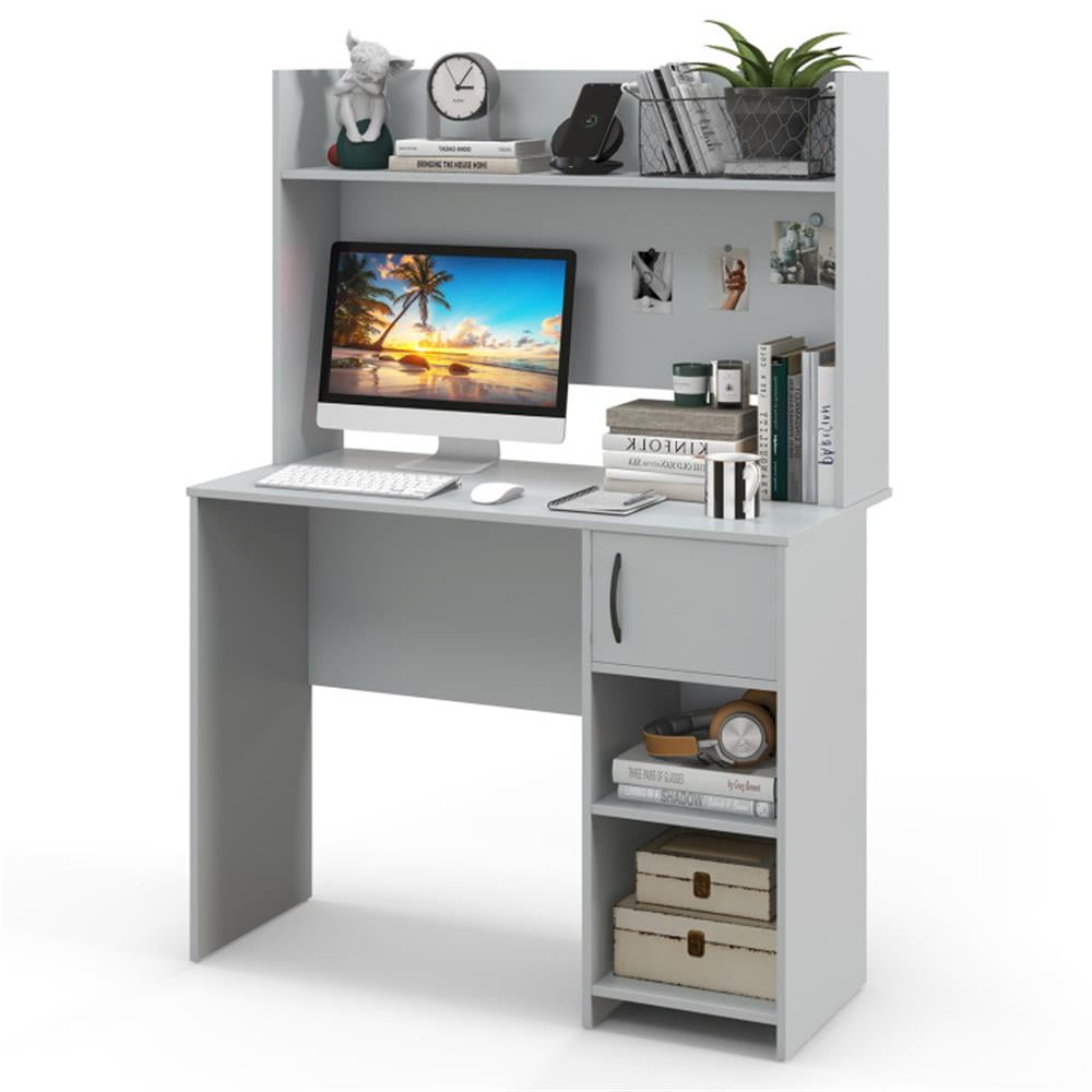 Finihen Home Computer Desk with Raised Display Shelf and 2 Open Shelves, Office Desk Study Writing Table, Gray