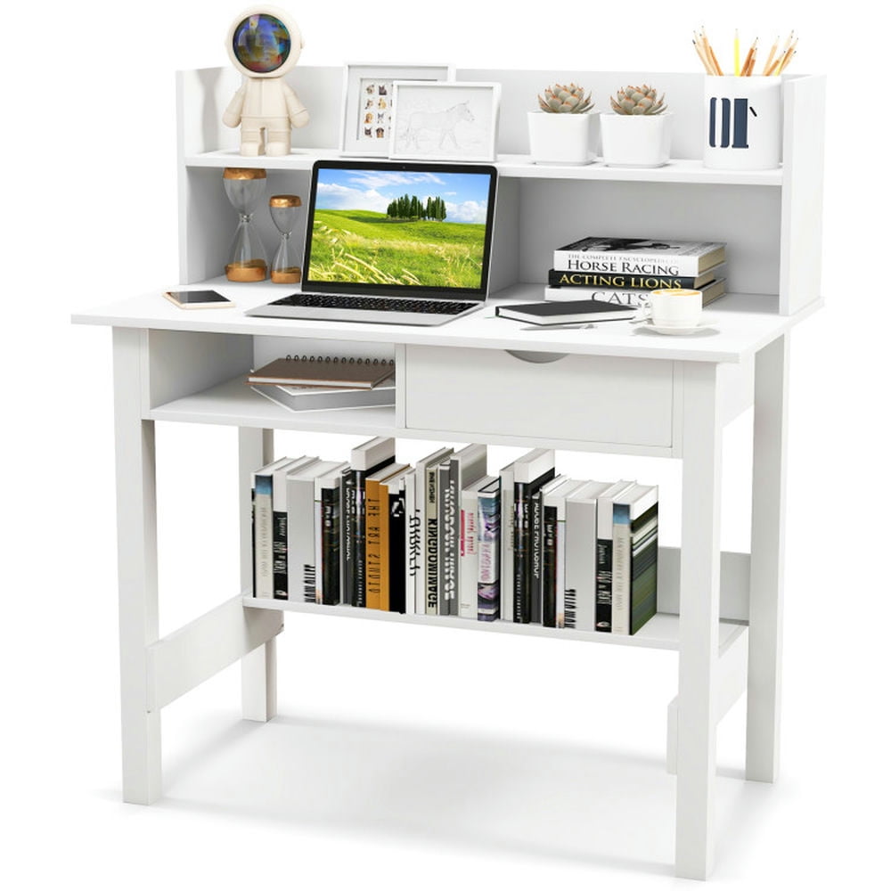 Finihen Home Office Computer Desk with Storage Shelves and Drawer Ideal for Working and Studying, White Finihen Home Office Computer Desk with Storage Shelves and Drawer Ideal for Working and Studying, White