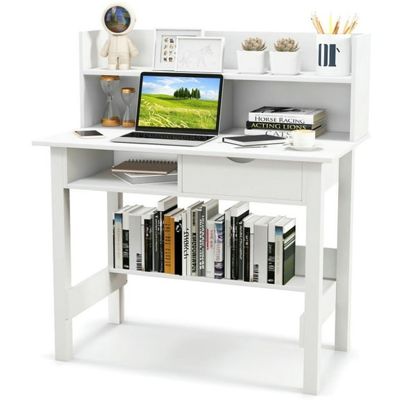 Demi Bonn Home Office Computer Desk with Storage Shelves and Drawer Ideal for Working and Studying, White