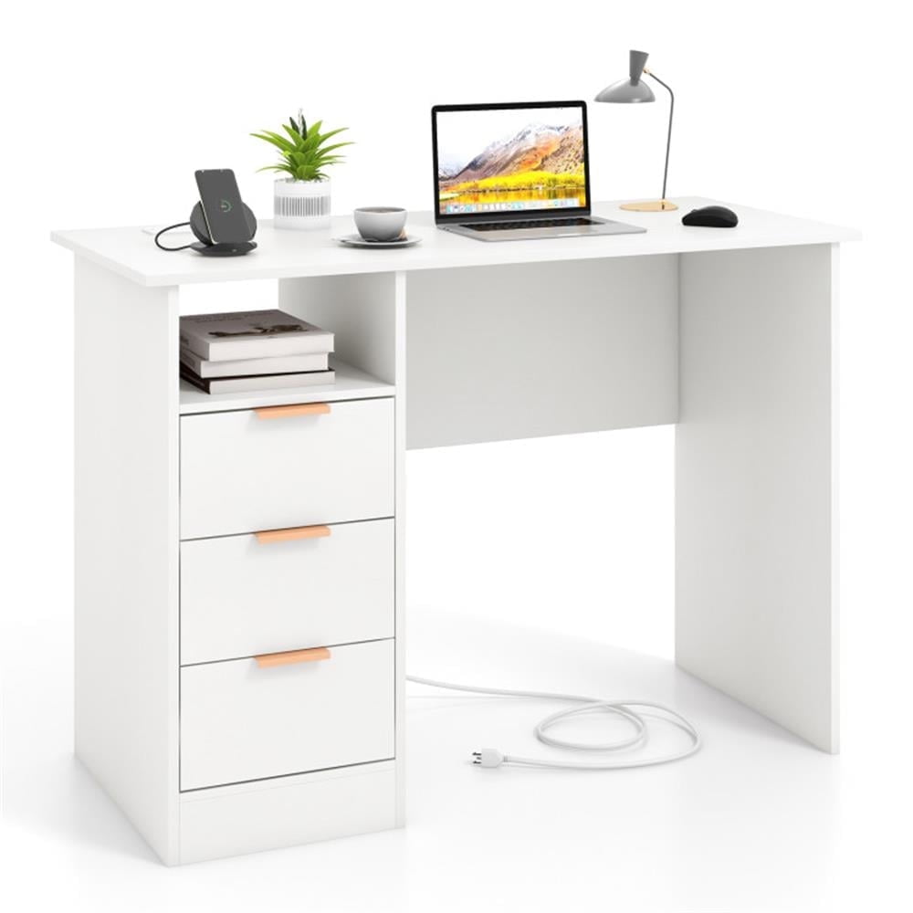 Demi Bonn Home Office Desk with Power Outlet 3 Storage Drawers and Open Compartment, Small Home Computer Desk Study Writing Table, White