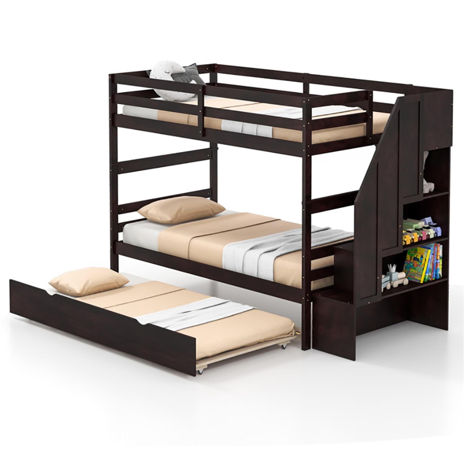 Demi Bonn Home Wood Bunk Bed with Guard Rail and 4-step Storage Stairs, Twin Bunk Beds, No Box Spring Needed, Brown