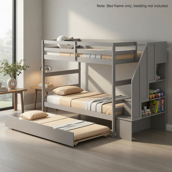 Demi Bonn Home Wood Bunk Bed with Guard Rail and 4-step Storage Stairs, Twin Bunk Beds, No Box Spring Needed, Gray