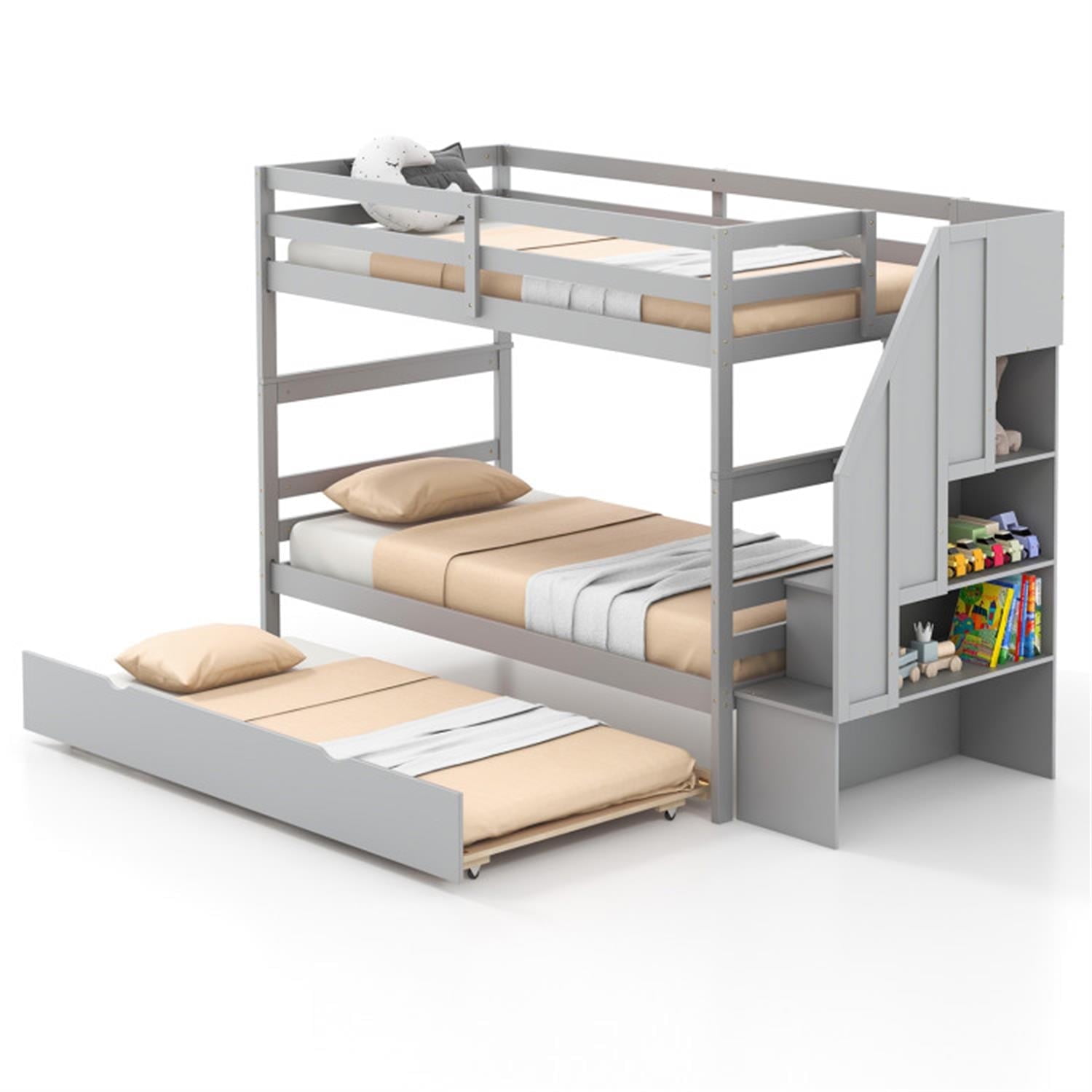Demi Bonn Home Wood Bunk Bed with Guard Rail and 4-step Storage Stairs, Twin Bunk Beds, No Box Spring Needed, Gray