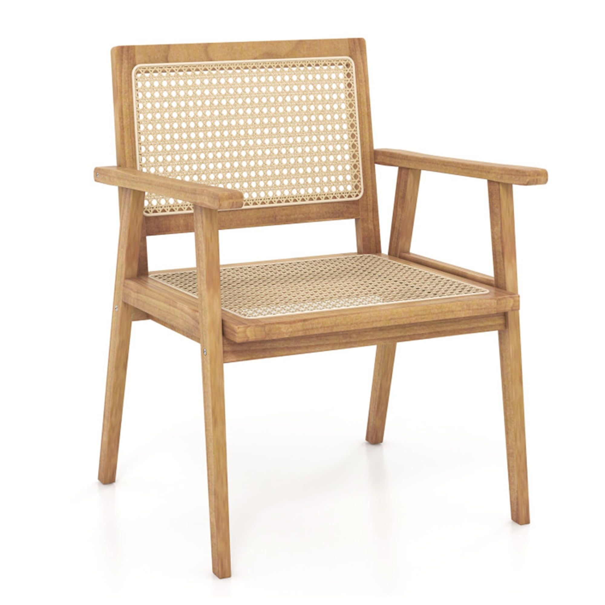 Demi Bonn Indonesia Teak Wood Dining Chair with Natural Rattan Seat and Curved Backrest for Backyard Porch Balcony, Beige