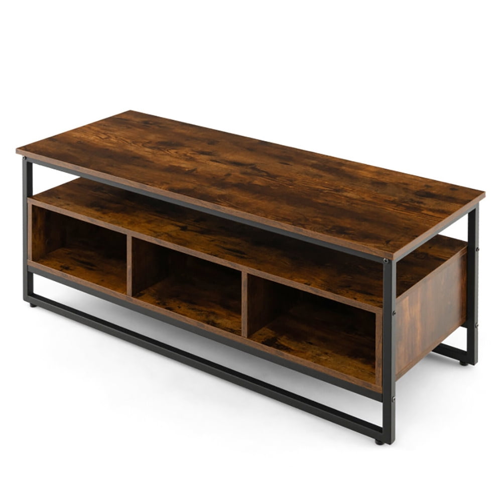 Finihen Industrial Coffee Table, 3-Tier Industrial Style Coffee Table with Open Shelf and 3 Storage Cubbies, for Living Room, Reception Room, Office, Rustic Brown Finihen Industrial Coffee Table, 3-Tier Industrial Style Coffee Table with Open Shelf and 3 Storage Cubbies, for Living Room, Reception Room, Office, Rustic Brown