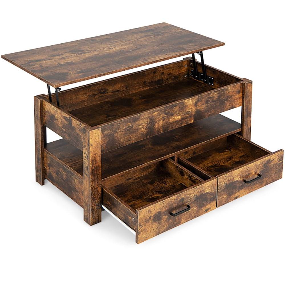 Finihen Industrial Coffee Table, Lift Top Coffee Table with 2 Storage Drawers and Hidden Compartment, for Living Room, Reception Room, Office, Rustic Brown