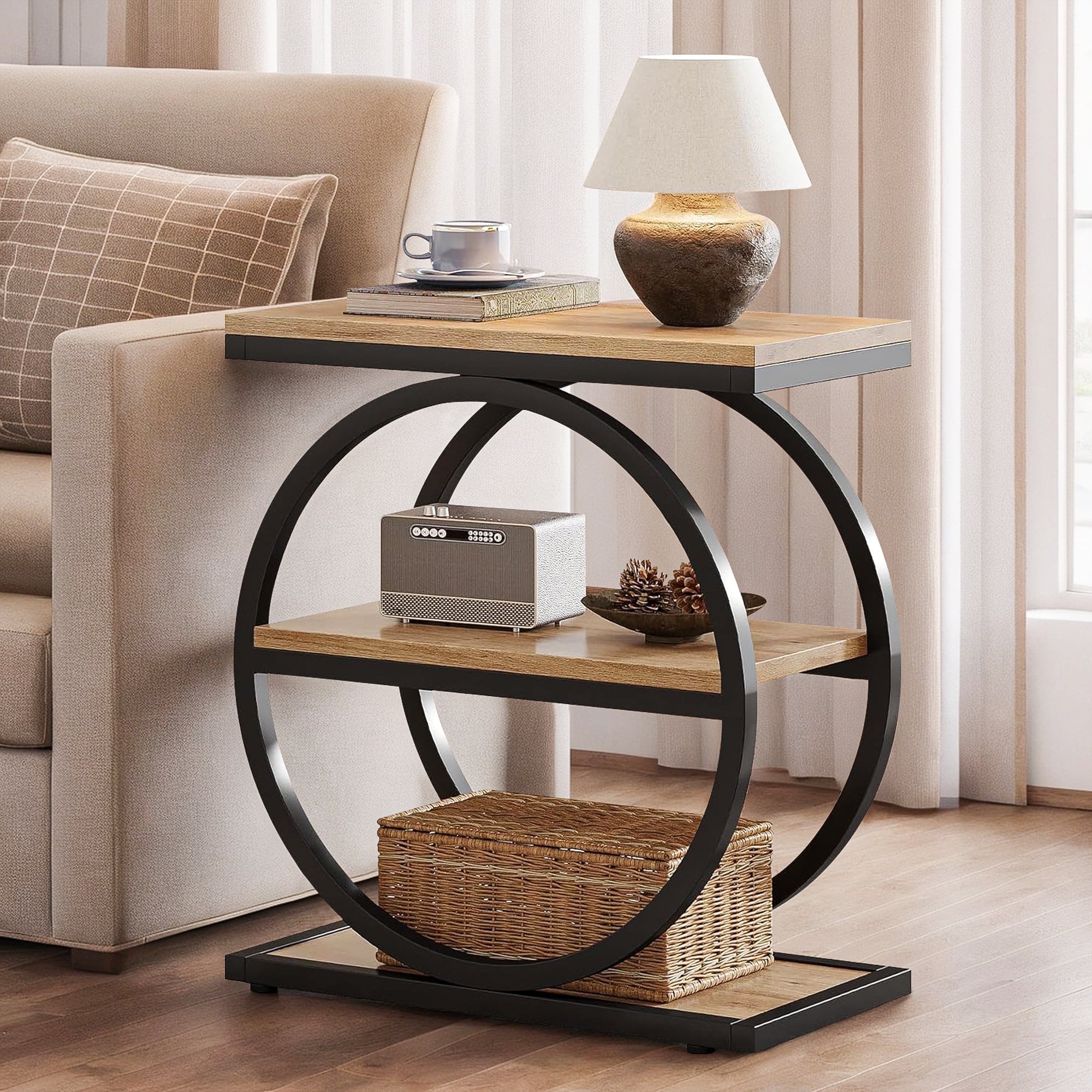 Demi Bonndustrial Console Table for Entryway, Farmhouse Sofa Tables Behind Couch, Rustic Wood and Metal Foyer Table with 3-Tier Shelves for Hallway Living Room, Beige