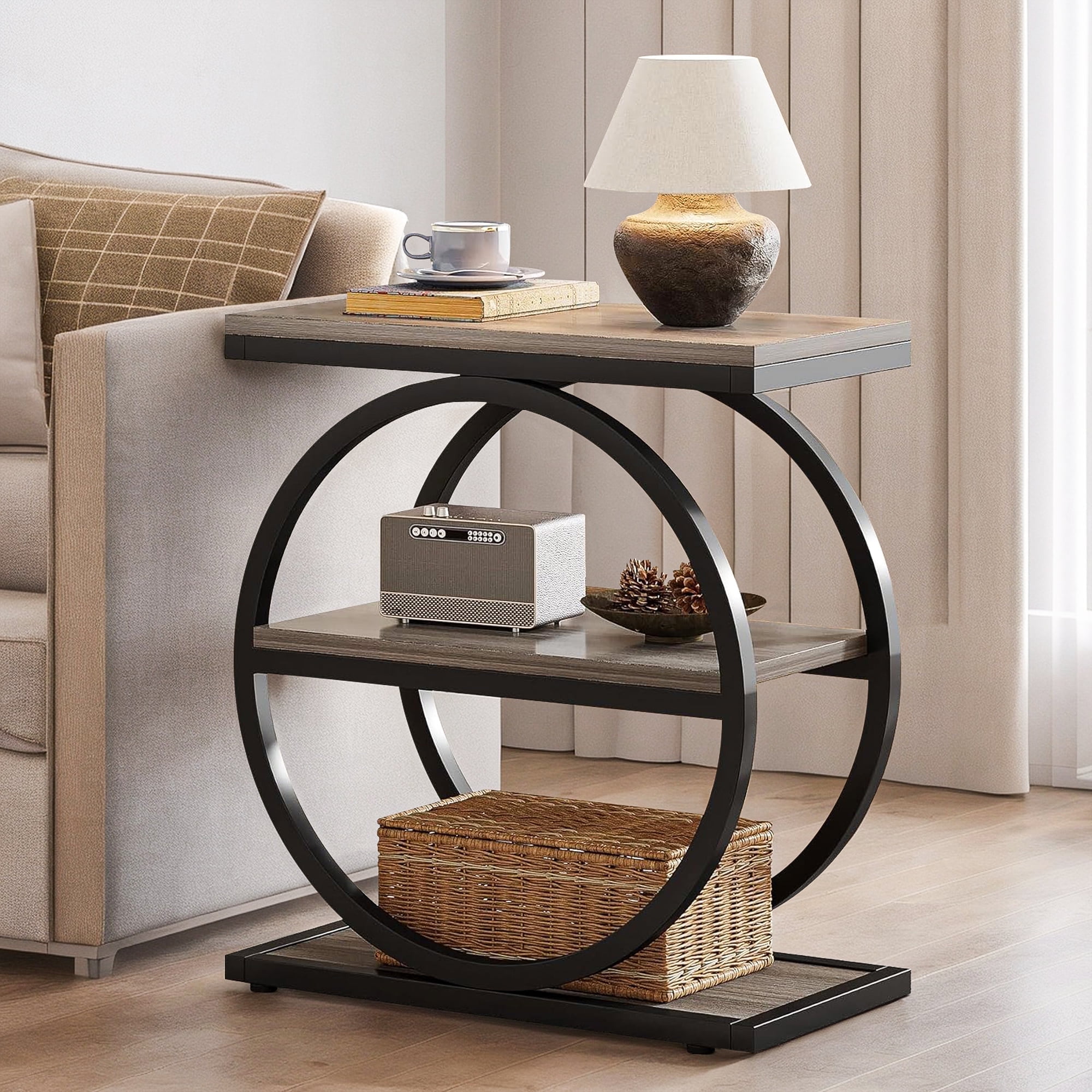 Demi Bonndustrial Console Table for Entryway, Farmhouse Sofa Tables Behind Couch, Rustic Wood and Metal Foyer Table with 3-Tier Shelves for Hallway Living Room, Gray