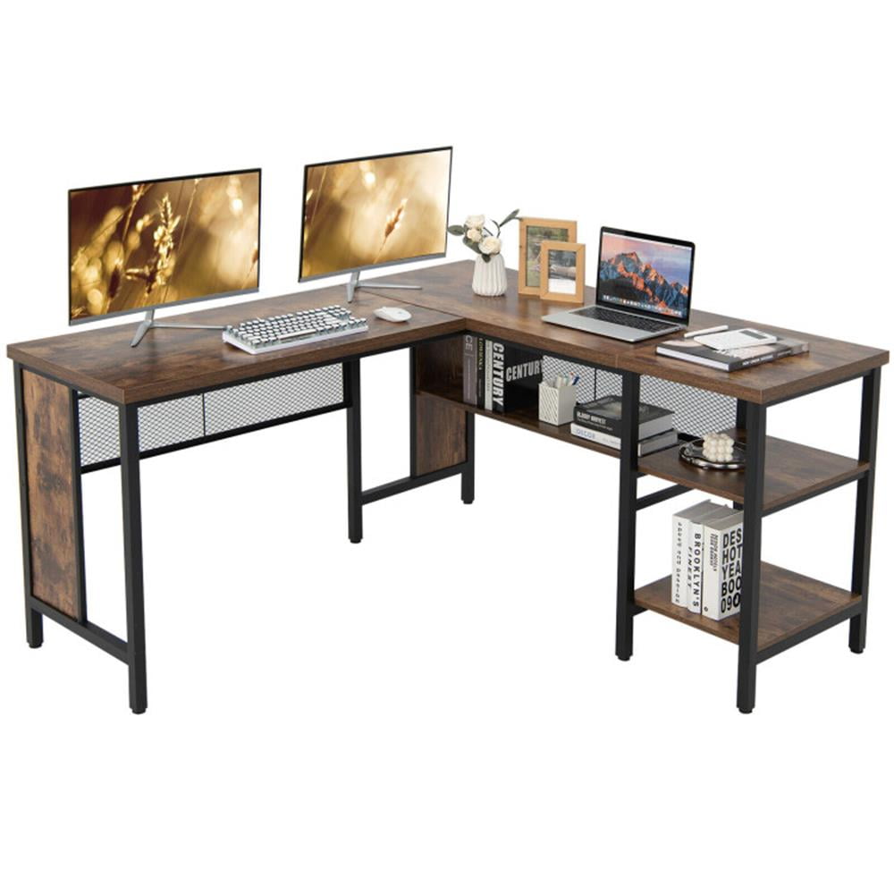 Finihen Industrial L-Shaped Corner Computer Desk Office Workstation with Storage Shelves, Small Home Office Desk Study Writing Table, Brown