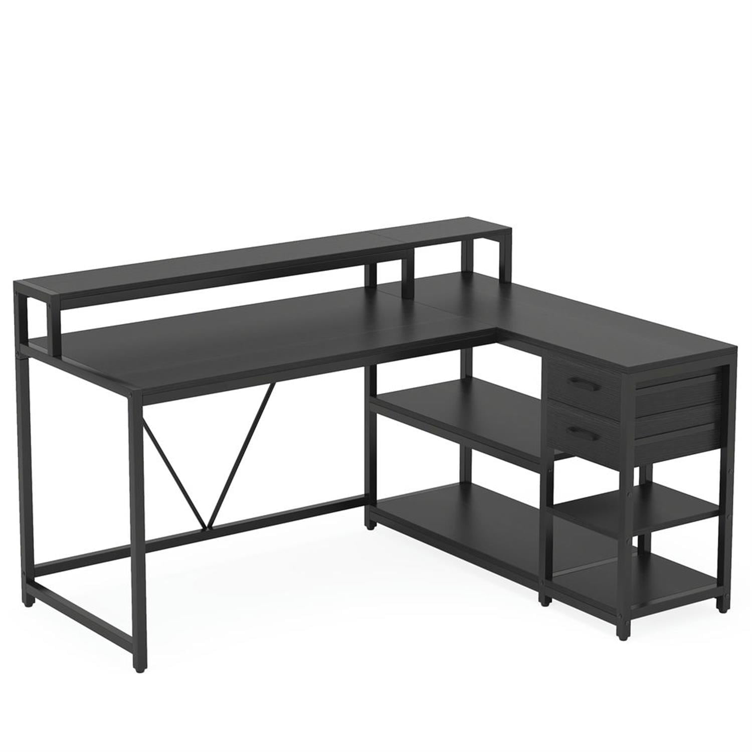 Demi Bonn Industrial L Shaped Gaming Desk, 55" Reversible Corner Executive Desk with Drawers and Shelves for Home Office, Black