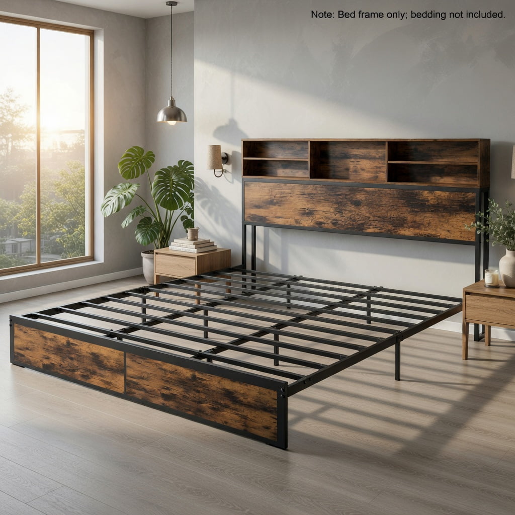 Demi Bonn King Size Bed Frame with Wooden Headboard and Footboard, Industrial Metal Platform Bed Frame with Under Bed Storage, No Box Spring Needed, Brown