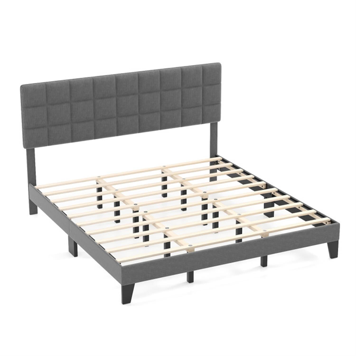 Demi Bonn King Size Bed Frame with Adjustable Headboard, Modern Linen Platform Bed Frame with 10 Strong Wood Slat Support, No Box Spring Needed, Gray