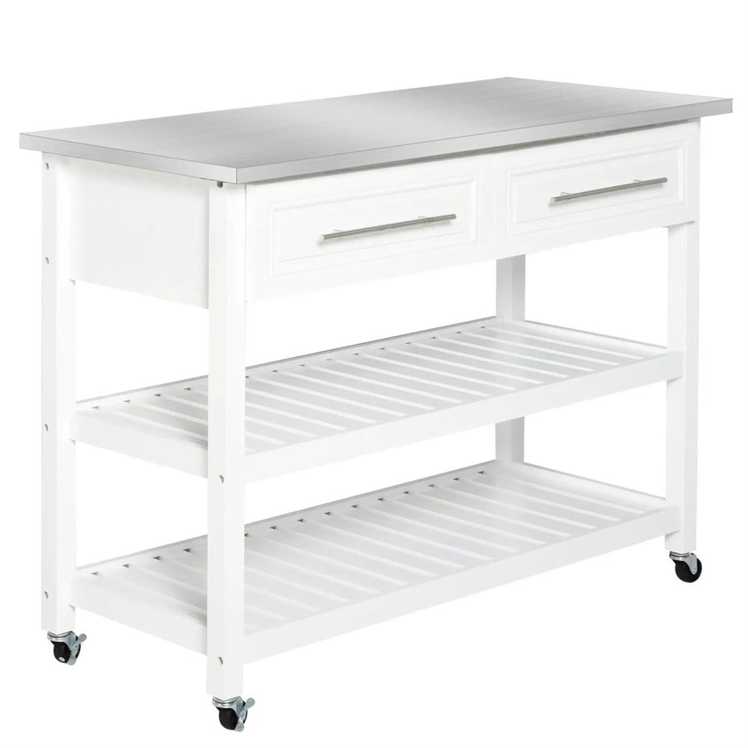 Demi Bonn Kitchen Island Cart on Wheels with Stainless Steel Top, Rolling Dining Room Serving Utility Carts Mobile Movable with Basket Storage, White