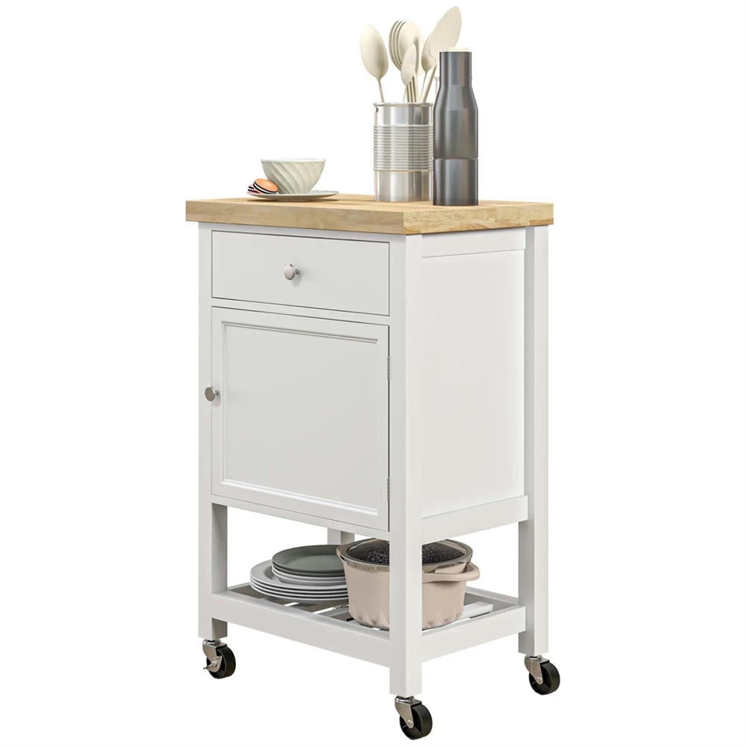 Demi Bonn Kitchen Island Cart on Wheels with Storage, Rolling Dining Room Serving Utility Carts Mobile Movable with Rubberwood Top and Drawer, White