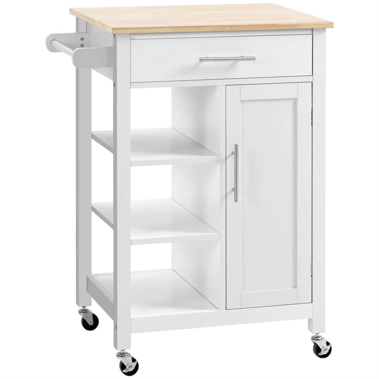 Demi Bonn Kitchen Island Cart on Wheels with Storage, Rolling Dining Room Serving Utility Carts Mobile Movable with Solid Wood Top and Drawer, White