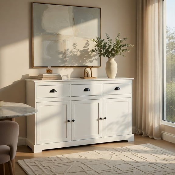 Demi Bonn Kitchen Storage Cabinet, Buffet Sideboard, 3 Drawers Sideboard Buffet Storage with Adjustable Shelves, for Dining Room, Kitchen, Living Room, White