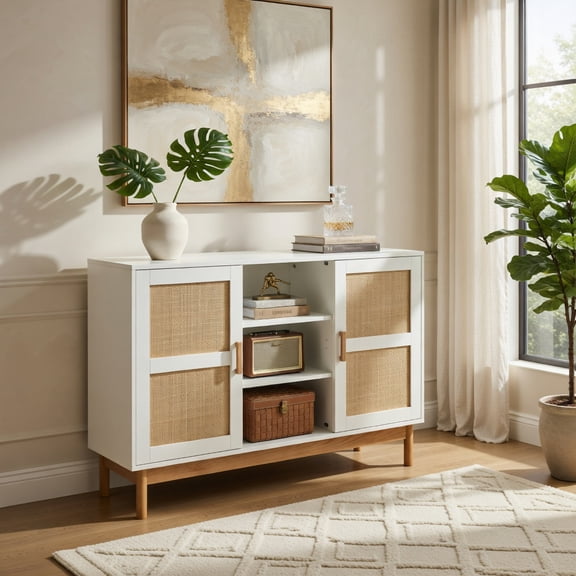 Demi Bonn Kitchen Storage Cabinet, Buffet Sideboard, 48ch Sideboard Buffet Cabinet Floor Storage Cabinet with 2 Bamboo Woven Doors, for Dining Room, Kitchen, Living Room, White