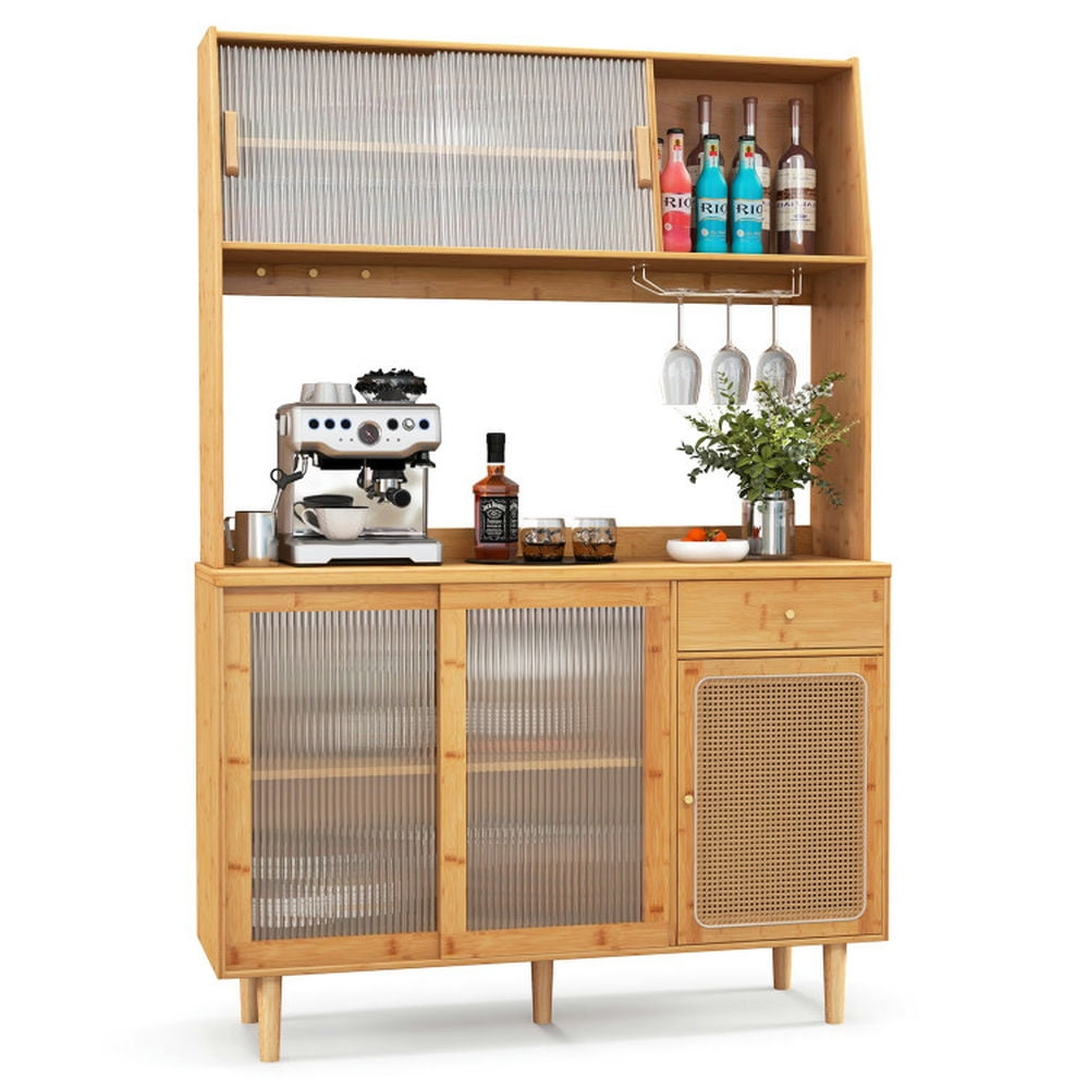 Finihen Kitchen Storage Cabinet, Buffet Sideboard, 69 Inch Wine Bar Kitchen Cabinet with Sliding Tempered Glass and Rattan Door, for Dining Room, Kitchen, Living Room, Natural Finihen Kitchen Storage Cabinet, Buffet Sideboard, 69 Inch Wine Bar Kitchen Cabinet with Sliding Tempered Glass and Rattan Door, for Dining Room, Kitchen, Living Room, Natural