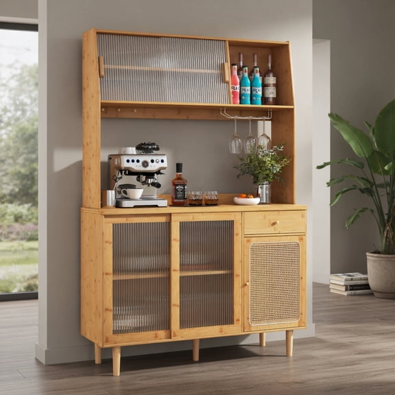 Demi Bonn Kitchen Storage Cabinet, Buffet Sideboard, 69 Inch Wine Bar Kitchen Cabinet with Sliding Tempered Glass and Rattan Door, for Dining Room, Kitchen, Living Room, Natural
