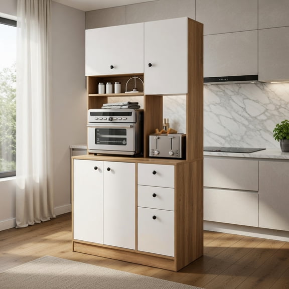 Demi Bonn Kitchen Storage Cabinet, Buffet Sideboard, 71ch Kitchen Pantry with 3 Storage Cabinet and 3 Deep Drawers, for Dining Room, Kitchen, Living Room, Beige