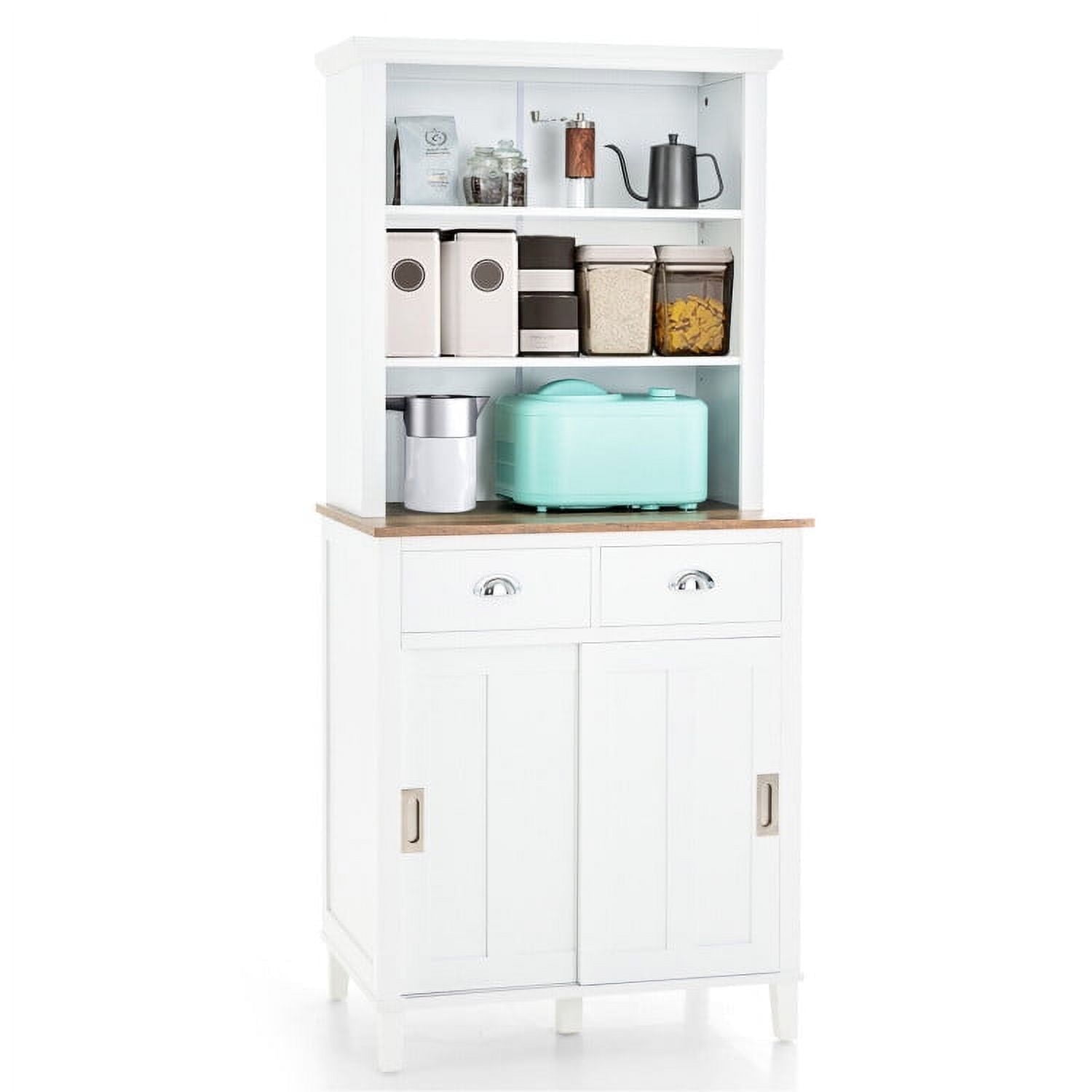 Demi Bonn Kitchen Storage Cabinet, Buffet Sideboard, Freestanding Kitchen Pantry with Hutch Sliding Door and Drawer, for Dining Room, Kitchen, Living Room, White
