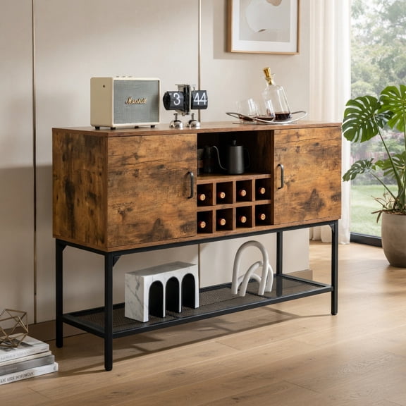 Demi Bonn Kitchen Storage Cabinet, Buffet Sideboard,dustrial Kitchen Buffet Sideboard with Wine Rack and 2 Doors, for Dining Room, Kitchen, Living Room, Rustic Brown