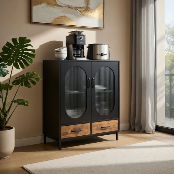 Demi Bonn Kitchen Storage Cabinet, Buffet Sideboard, Kitchendustrial Buffet Sideboard with Tempered Glass Doors, for Dining Room, Kitchen, Living Room, Black