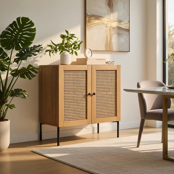 Demi Bonn Kitchen Storage Cabinet, Buffet Sideboard, Kitchen Sideboard with 2 Rattan Doors and Adjustable Shelf, for Dining Room, Kitchen, Living Room, Natural