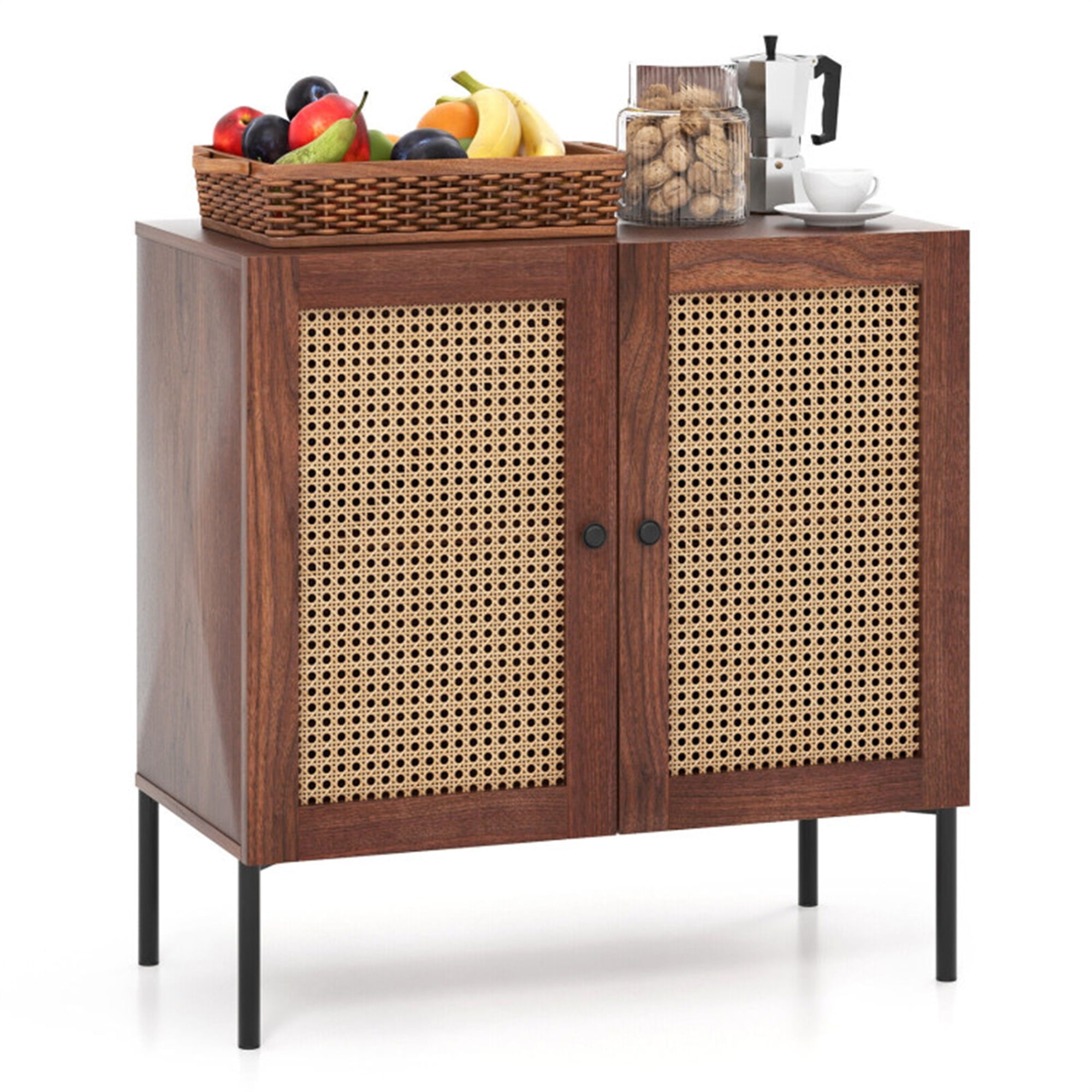 Demi Bonn Kitchen Storage Cabinet, Buffet Sideboard, Kitchen Sideboard with 2 Rattan Doors and Adjustable Shelf, for Dining Room, Kitchen, Living Room, Walnut