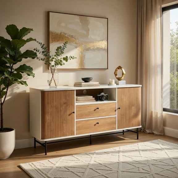 Demi Bonn Kitchen Storage Cabinet, Buffet Sideboard, Mid Century Modern Buffet Sideboard with Sliding Tambour Doors and 2 Storage Drawers, for Dining Room, Kitchen, Living Room, White