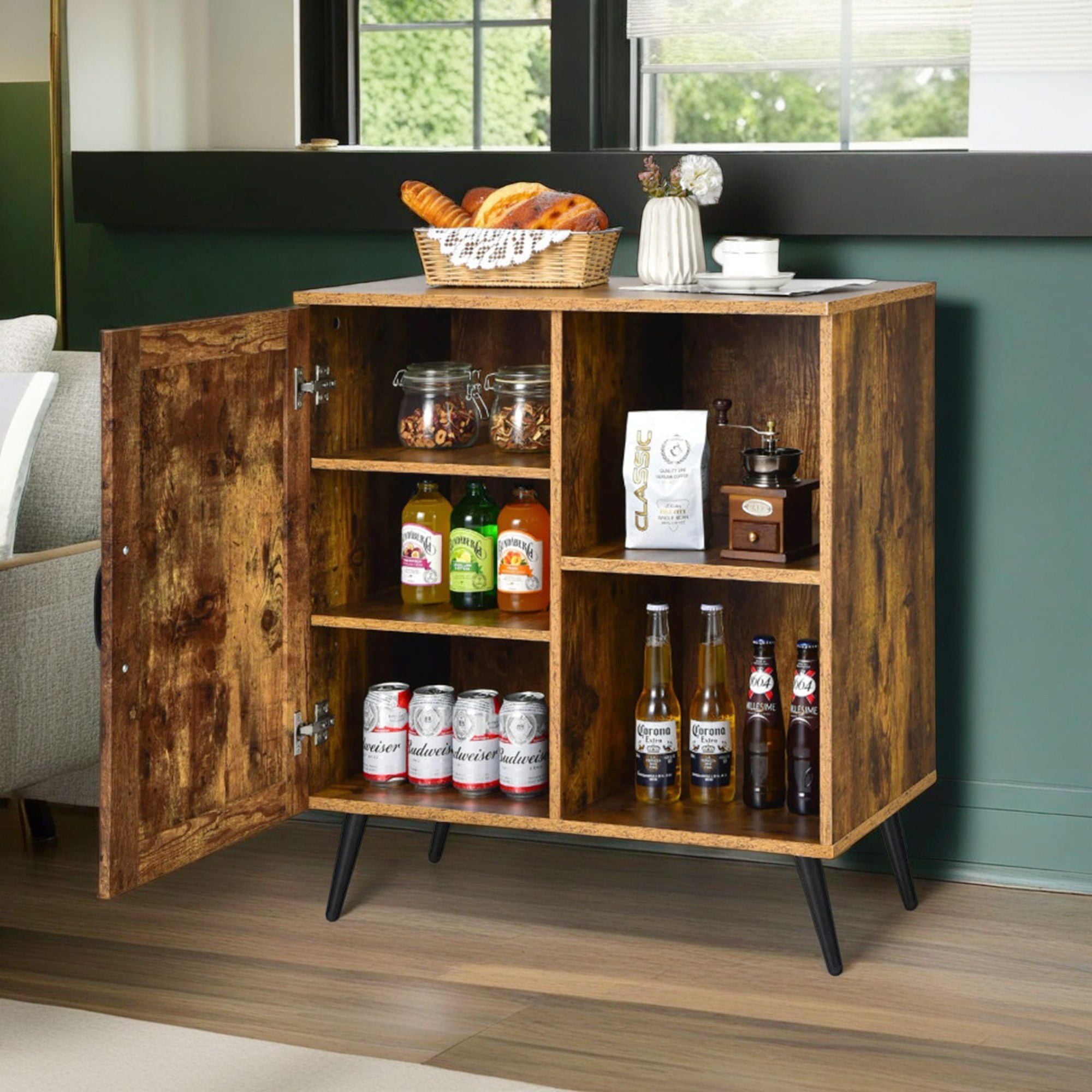 Demi Bonn Kitchen Storage Cabinet, Buffet Sideboard, Mid-century Storage Cabinet with Single Door and Adjustable Shelves, for Dining Room, Kitchen, Living Room, Brown