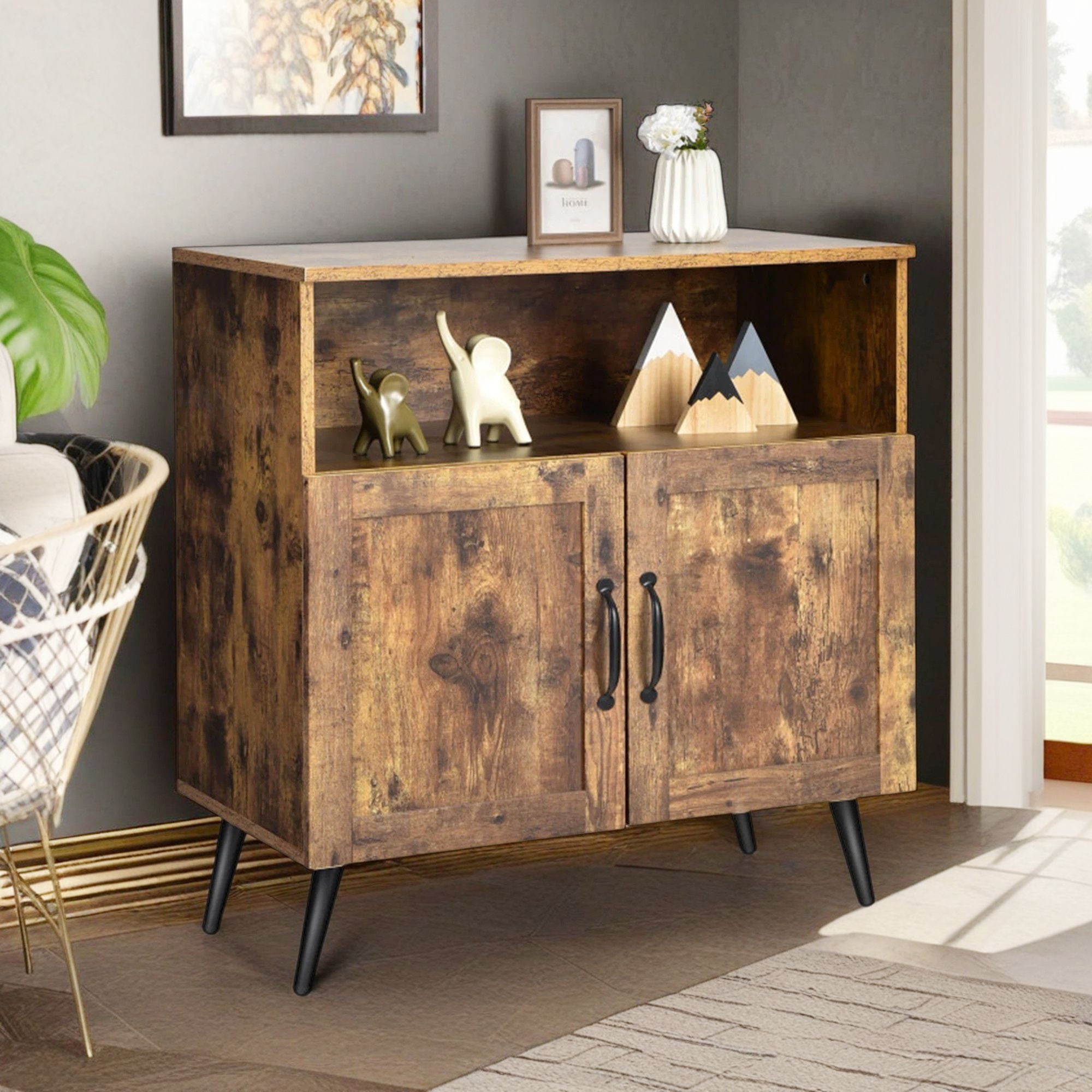 Demi Bonn Kitchen Storage Cabinet, Buffet Sideboard, Mid-century Wooden Storage Cabinet Wine Glass Holders, for Dining Room, Kitchen, Living Room, Brown