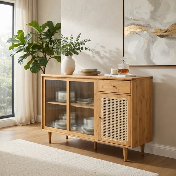 Demi Bonn Kitchen Storage Cabinet, Buffet Sideboard, Modern Bamboo Buffet Sideboard Cabinet with Tempered Glass Sliding Doors, for Dining Room, Kitchen, Living Room, Natural