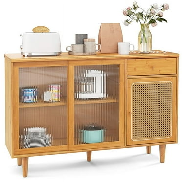 Finihen Kitchen Storage Cabinet, Buffet Sideboard, Modern Bamboo Buffet Sideboard Cabinet with Tempered Glass Sliding Doors, for Dining Room, Kitchen, Living Room, Natural