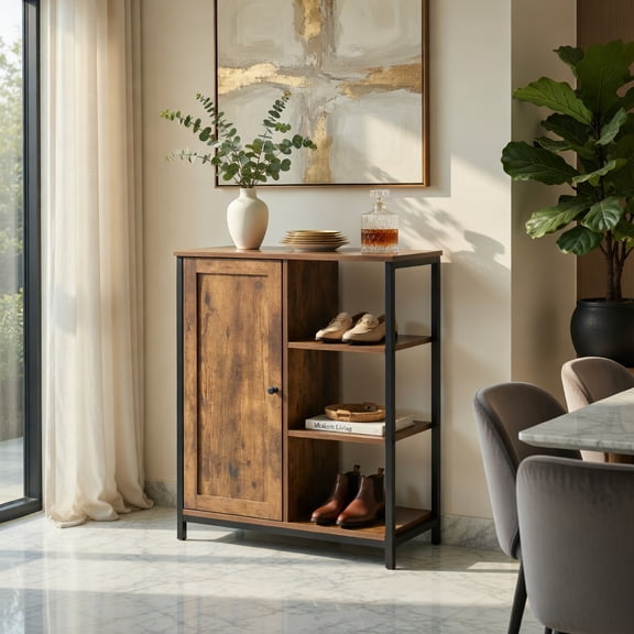 Demi Bonn Kitchen Storage Cabinet, Buffet Sideboard, Multipurpose Freestanding Storage Cabinet with 3 Open Shelves and Doors, for Dining Room, Kitchen, Living Room, Rustic Brown