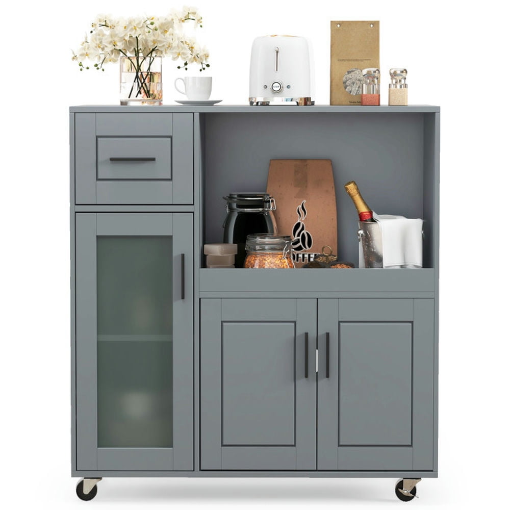 Finihen Kitchen Storage Cabinet, Buffet Sideboard, Rolling Kitchen Island with Wheels Drawer and Glass Door Cabinet, for Dining Room, Kitchen, Living Room, Gray