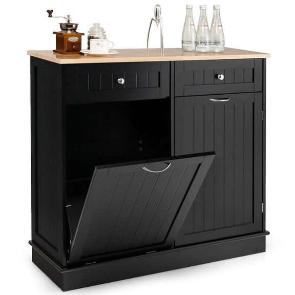 Demi Bonn Kitchen Storage Cabinet, Buffet Sideboard, Rubber Wood Kitchen Trash Cabinet with Single Trash Can Holder and Adjustable Shelf, for Dining Room, Kitchen, Living Room, Black